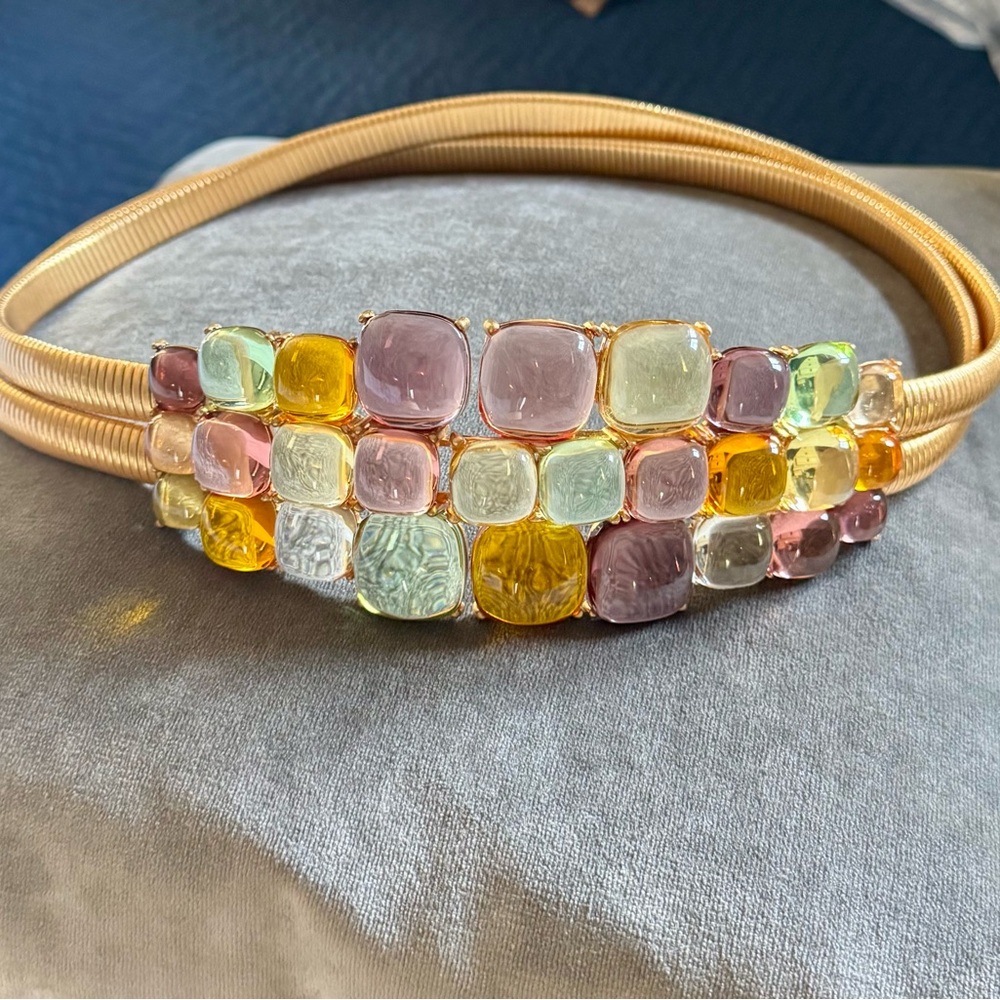 Multicolor Gemstone Judith Leiber gold belt.